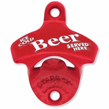 Imagem de STARR Abridor de garrafas original Red Ice Cold Beer montado na parede, abridor de garrafas de ferro fundido revestido a pó americano com parafusos, suporte de parede estilo vintage para bar, garagem