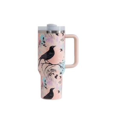 Imagem de Copo feminino Ordinary Glimmers 1,134 g com canudo e alça; caneca de viagem de aço inoxidável; palmeira e estampas tropicais (corvo rosa preto)