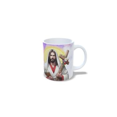 Imagem de Caneca Cristã em Cerâmica, Jesus é o Caminho a Verdade e a Vida, Decorativa com Cruz Floral, Turquesa e Branca, 325ml (18072)