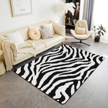 Imagem de Tapete decorativo com listras de zebra, 1,5 x 1,82 m, preto e branco, estampa de pele de animal, tapete interno para sala de jogos, cabeceira, sofá, quarto, vida selvagem africana, animais ocidentais,