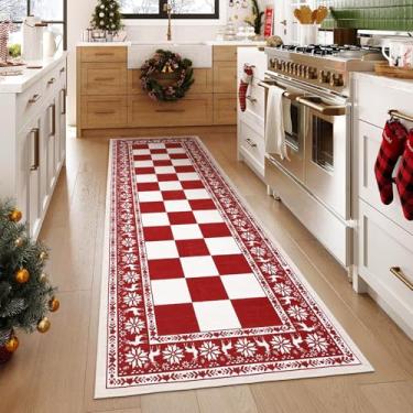 Imagem de Garvee Tapete de corrida 5 x 15 cm, tapetes xadrez de Natal para decoração de férias, tapete lavável antiderrapante para cozinha, entrada, sala de estar, quarto, vermelho