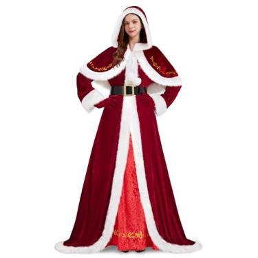 Imagem de FancyFun 4 peças fantasia de Sra. Noel para mulheres, fantasia de Papai Noel para adultos, roupa de Natal com capuz, luvas e cinto, 3GG