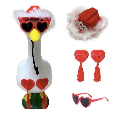 Imagem de TNDCKP Roupa de biquíni de verão de ganso de varanda – 3 peças de roupas de ganso vermelho com chapéu, óculos de sol e saia de borla – serve para gansos de varanda de 43 cm e 61 cm – decoração