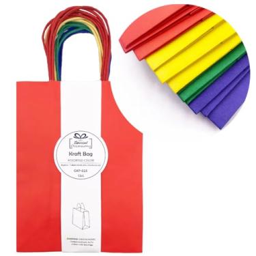 Imagem de Angels Craft Pacote com 12 sacos kraft com alças - 25,4 cm x 17,8 cm - cores primárias sortidas | Sacos de presente de papel duráveis para varejo, aniversário, festa e projetos DIY