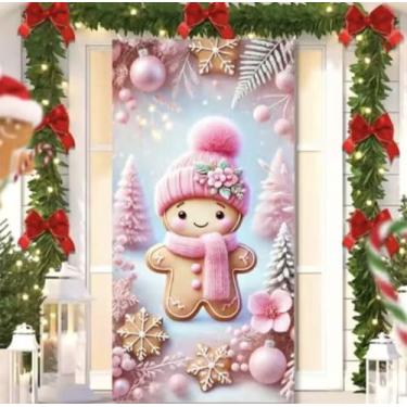 Imagem de Capa para Porta Feliz Natal Rosa com Elástico – Painel Decorativo Feliz Papai Noel Tecido Premiun (2,10 Cms X 0,85 Cms) (19)