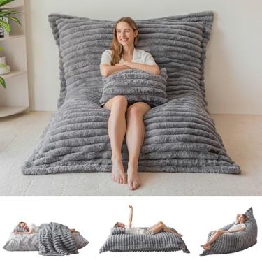 Imagem de MAXYOYO Cadeira de pufe gigante com travesseiro, cadeira conversível 3 em 1 para adultos com capa lavável, espreguiçadeira removível para sala de estar e quarto, cinza