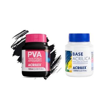 Imagem de Kit Tinta PVA Fosca Acrilex Preto 520 100ml + Base Acrílica 120ml Branco – Artesanato, MDF, Tela e Madeira, Alta Cobertura e Acabamento Profissional