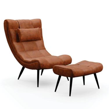 Imagem de Kit 01 Poltrona E 01 Puff Sher Corano Pés De Ferro Cor Nozes