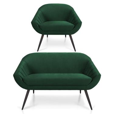 Imagem de Kit 01 Namoradeira 02 Lugares E 01 Poltrona Giovana Veludo Verde Esmeralda Pés Palito De Ferro