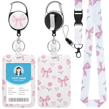 Imagem de Soleebee Cordão de flores de laço rosa para crachás de identificação, lindo suporte de crachá de identificação e cordão destacável, chaveiro retrátil, carretel de crachá resistente com clipe mosquetão