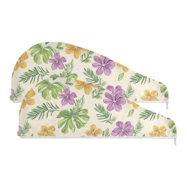 Imagem de SEHANY Toalha de cabelo de microfibra de flores coloridas elegantes para mulheres, 2 peças, turbantes de cabelo de secagem rápida com botão, touca de cabelo seco absorvente toalha de secagem de cabelo
