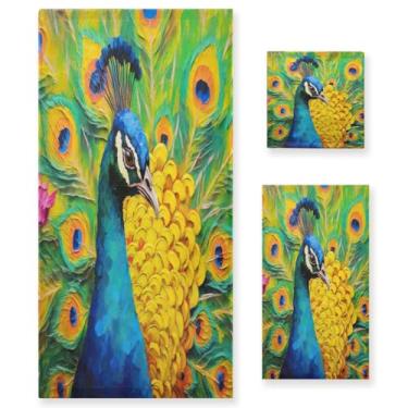 Imagem de Blueangle Conjunto de toalhas de pintura a óleo de pavão - 3 peças de toalhas de banheiro absorventes macias para spa e decoração de casa (inclui banho, toalha de mão e toalha) #542