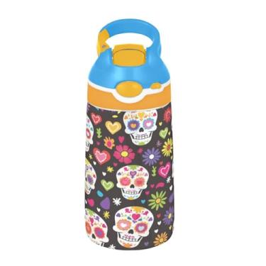 Imagem de ATTX Garrafa de água Sugar Skull Flower 473 ml – Garrafa de água reutilizável Tritan Sports & Travel com canudo e tampa de bico pop-up #14