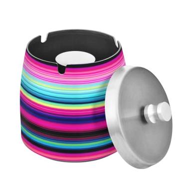 Imagem de Blueangle Cinzeiro listrado colorido do México com tampa para cigarros, à prova de vento/chuva, aço inoxidável, sem fumaça, inodoro, cinzeiro para uso interno ou externo (170)