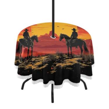 Imagem de Blueangle Toalha de mesa redonda impermeável de 152 cm ao ar livre Western Desert Cowboy com orifício para guarda-chuva - Tecido resistente à prova de sol para todos os climas para pátio, acampamento