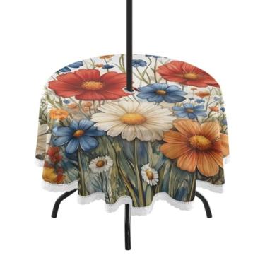 Imagem de ATTX Toalha de mesa redonda colorida com ervas e flores ao ar livre – 152 cm, impermeável, à prova de derramamento, uso interno/externo, com orifício para guarda-chuva com zíper para acampamento