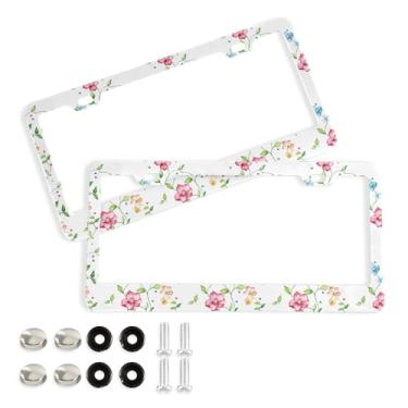 Imagem de SEHANY Molduras de placa de licença de flores florais coloridas, capas de moldura de placa de carro de alumínio à prova de ferrugem com orifícios elípticos e parafusos serve para veículos padrão dos