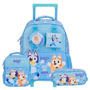 Imagem de Mochila Rodas Lancheira Térmica Estojo Duplo Bluey e Bingo