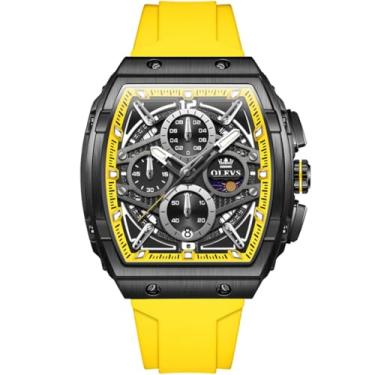 Imagem de OLEVS Relógios masculinos Tonneau Square, resistente à água, relógio masculino, multifuncional, fase, da lua, com três ponteiros, Face preta/pulseira amarela, men-standard, Relógio casual