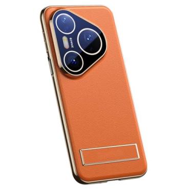 Imagem de HAOMRIYL Capa de couro genuíno para Huawei Pura 80 Ultra/80 Pro +/80 Pro/80, capa magnética, suporte ajustável, proteção de lente com tudo incluído, capa à prova de choque, laranja, 80 Pro