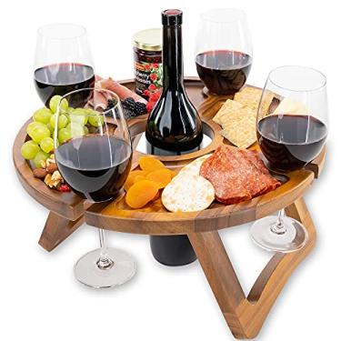 Imagem de Mesa de vinho portátil – mantém as taças e a garrafa de vinho no lugar – mesa de vinho para uso ao ar livre – mesa de piquenique dobrável de madeira com suporte de vidro – mesa de vinho dobrável para ambientes externos