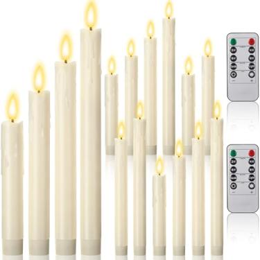 Imagem de Retisee 12 velas cônicas sem chama com controle remoto de 16,5 cm, 19,6 cm, 22,6 cm, 25,4 cm, castiçais sem chama, operados por bateria, velas cintilantes para Natal, casamento, jantar (marfim)