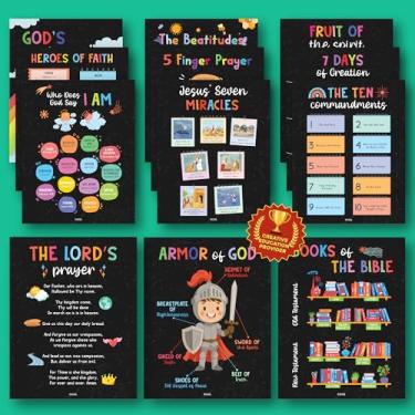 Imagem de Excool Club Decorações de escola dominical para sala de aula - 12 pôsteres do livro da Bíblia para crianças, arte de parede de fruto do espírito, materiais de estudo da Bíblia para decoração de sala
