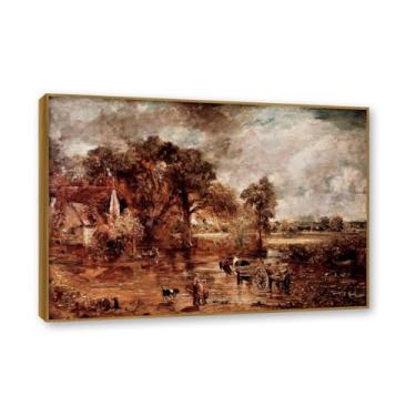 Imagem de Moldura de teca. Arte em tela romantismo estilo constável, (sem título 45), pintura de paisagem inglesa emoldurada, decoração de parede elegante para sala de estar escritório. 30 x 42 cm-11,8 x 16,5