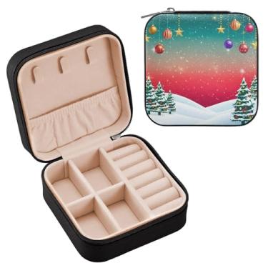 Imagem de Wassud Caixa de joias de viagem de árvore de Natal de inverno para mulheres, meninas, senhoras, noiva, mini organizador de joias de couro PU, caixa quadrada de armazenamento de joias para brincos