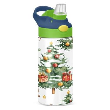 Imagem de YETTASBIN Garrafa de água de árvore de Natal para crianças, 340 g, à prova de vazamento, parede dupla, isolada, copo de viagem com tampa de canudo para meninas, meninos e crianças