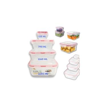 Imagem de Conjunto 4 Potes Herméticos Quadrados com Tampa, Plástico Transparente e Branco, 500ml/800ml/1300ml/2000ml, Vedação Hermética, Livre de BPA, Empilháveis