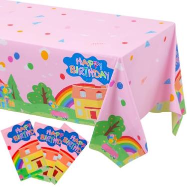Imagem de Fyrolumin 3 peças de toalhas de mesa de aniversário de porco, 137 x 274 cm, toalha de mesa descartável com desenho animado de porco rosa para decoração de aniversário de chá de bebê