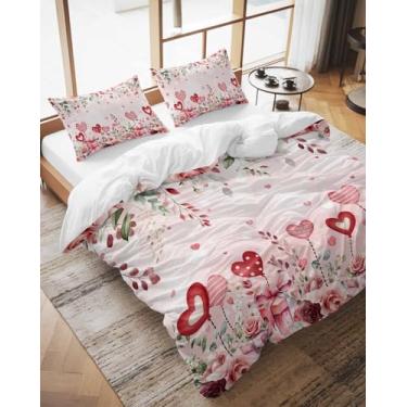 Imagem de Conjunto de capa de edredom California King Size rosa rosa amor coração conjunto de 3 peças, presente de folhas de eucalipto conjunto de cama com fecho de zíper e 2 fronhas, capas de cama macias para