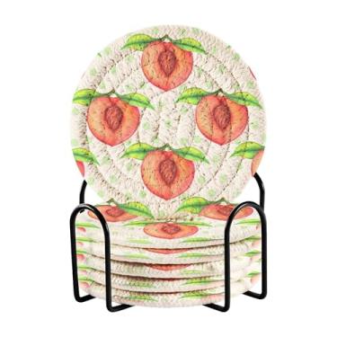 Imagem de SEHANY Conjunto de 6 porta-copos rosa pêssegos com suporte, porta-copos redondos absorventes de algodão resistente ao calor para mesa de jantar, canecas de café, proteção de copos, 10 cm