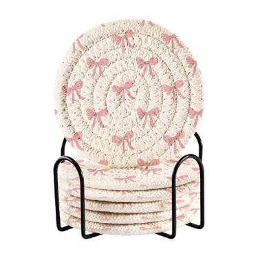 Imagem de SEHANY Conjunto de 6 porta-copos com laço rosa fofo com suporte, porta-copos redondos absorventes de algodão resistente ao calor para mesa de jantar, canecas de café, 10 cm