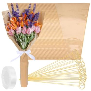 Imagem de AojSup Mangas de papel de embrulho de flores para buquês com 50 peças de suporte de cartão floral, palitos e fitas, sacos de buquê kraft para barra de flores, dia das mães, formatura, dia dos