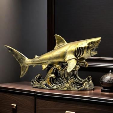 Imagem de XINDAM Bronze Finish Shark Figurine Gold Statue Decorative Home & Office Resin Figurines Home Office Display Craft Living Room Decor Ornaments for Tabletop