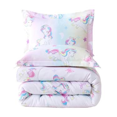 Imagem de Yibeizi Conjunto de edredom com cama de solteiro, leve, para todas as estações, fofo, arco-íris, unicórnio, microfibra, respirável, hipoalergênico, macio, Oeko-Tex