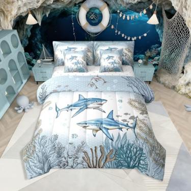 Imagem de Jogo de cama de tubarão oceano, 7 peças, azul-petróleo, litoral, litoral, animal, mundo subaquático, para crianças, meninos, meninas, recifes de corais, peixes, kawaii, decoração de quarto marinho