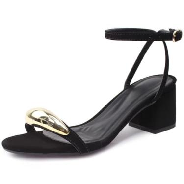 Imagem de Sandália Re&Ton Salto Grosso Baixo Enfeite Dourado Feminina BL51 (Preto, BR, Adulto, Numérico, 40)