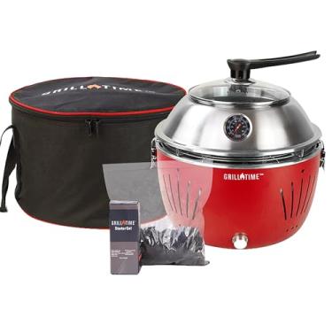 Imagem de Combo de capô GrillTime Tailgater GT 33 cm - Churrasqueira a carvão portátil com capuz, churrasqueira de mesa pequena para festas traseiras, acampamento, churrasco na praia vermelha