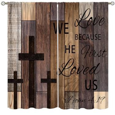 Imagem de AAVEUP Cortinas de madeira para cozinha rústica, placa de madeira marrom, versículo bíblico, cross country, casa de campo, oeste, madeira, garagem, prancha, velha, janela, impressão, para quarto, sala