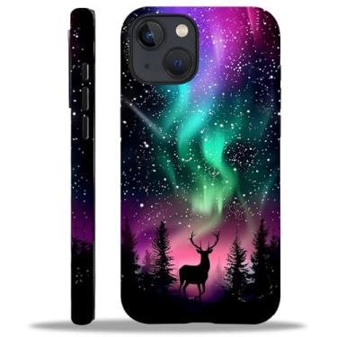Imagem de CARLOCA Capa para iPhone 15, veado luzes verdes do norte noite padrão de corpo inteiro para meninas mulheres híbrido 2 camadas capa protetora de silicone para iPhone 15