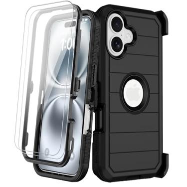 Imagem de Capa para iPhone 16 com clipe de cinto, 2 películas protetoras de tela, resistente à prova de choque, proteção contra quedas, grau militar, 3 camadas, cobertura total, resistente, durável, com suporte