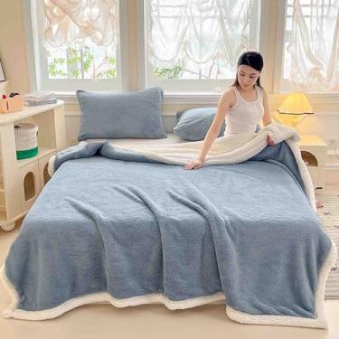 Imagem de Cobertor de lã fofo feminino masculino para cama adulto longo casal solteiro para sofá de camada dupla de lã macio confortável grosso quente para primavera outono inverno (azul, 150 x 200 cm)