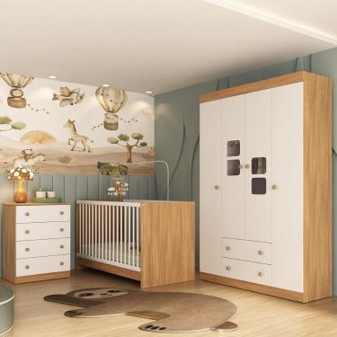 Imagem de Quarto De Bebê Completo Com Berço 3 Em 1 Para Colchão 130x60cm Brisa Multimóveis Mp4521 Madeirado/branco