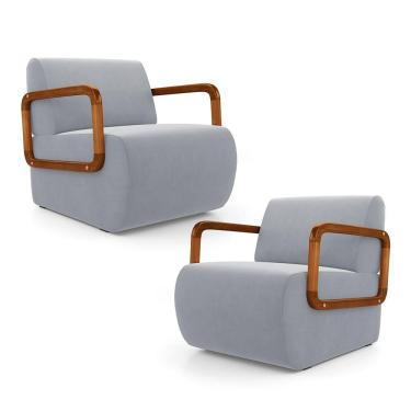 Imagem de Kit 02 Poltronas Decorativas Orgânica Living Kavya Veludo Cinza Claro - Desk Design