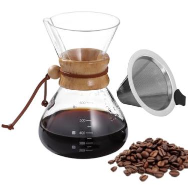 Imagem de OMISTAR Cafeteira de vidro borossilicato de 590 ml com filtro de aço inoxidável e colar de madeira, garrafa resistente ao calor para casa, escritório, acampamento, caminhada
