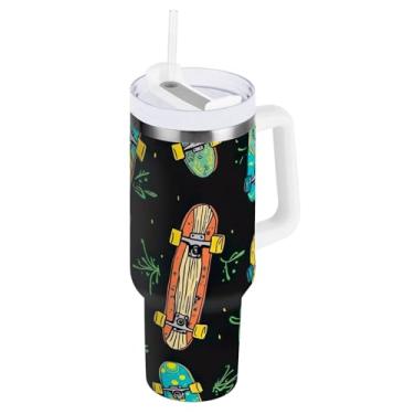 Imagem de ODAWA Copo à prova de derramamento de 1,134 g com palha, skates copo preto com isolamento duplo com canudo e alça