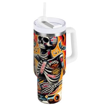 Imagem de ODAWA Copo com isolamento preto de caveira grande para skate com alça e tampa de palha, copo isolado de aço inoxidável